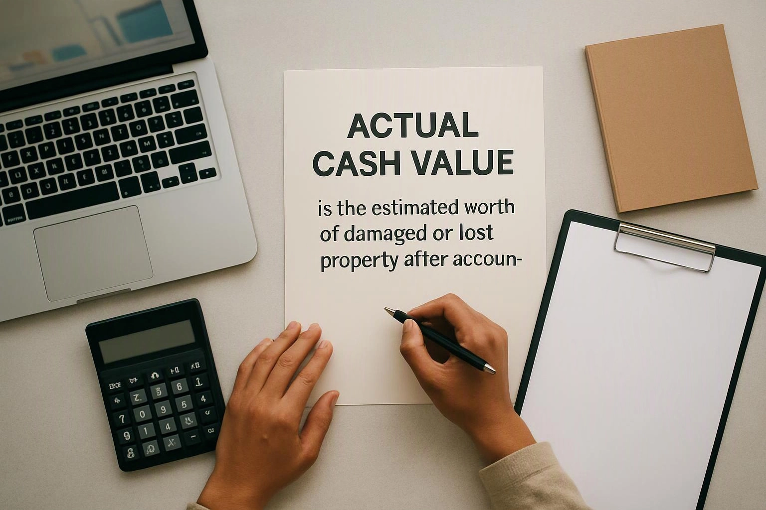 Hands write on a paper titled “ACTUAL CASH VALUE” beside a laptop, calculator, clipboard, and notebook on a desk