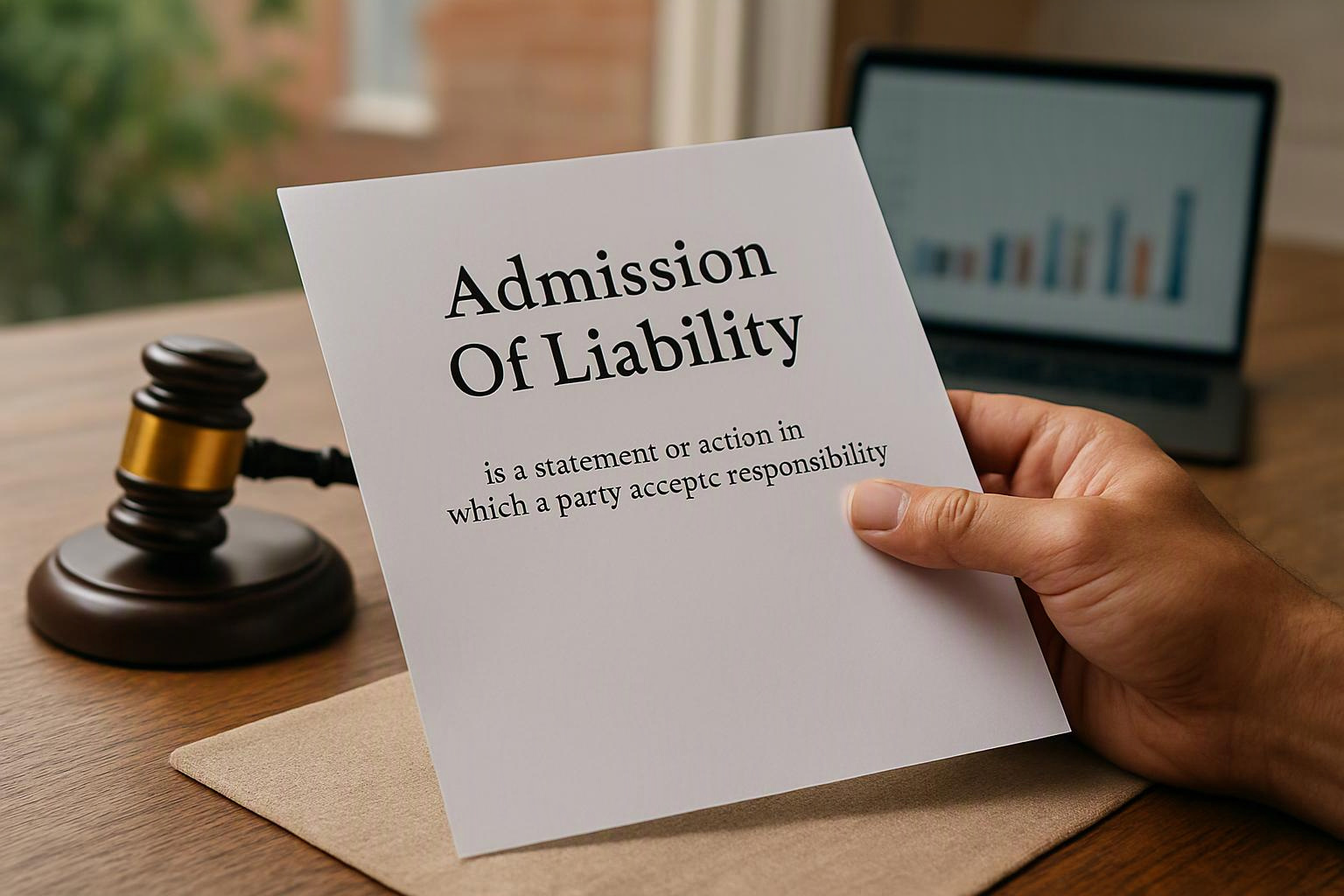 A hand holds a paper titled “Admission Of Liability” beside a gavel and laptop on a desk