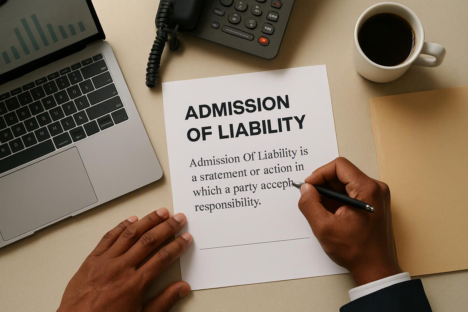 Hands write on a document titled "ADMISSION OF LIABILITY" beside a laptop, phone, coffee cup, and folder on a desk