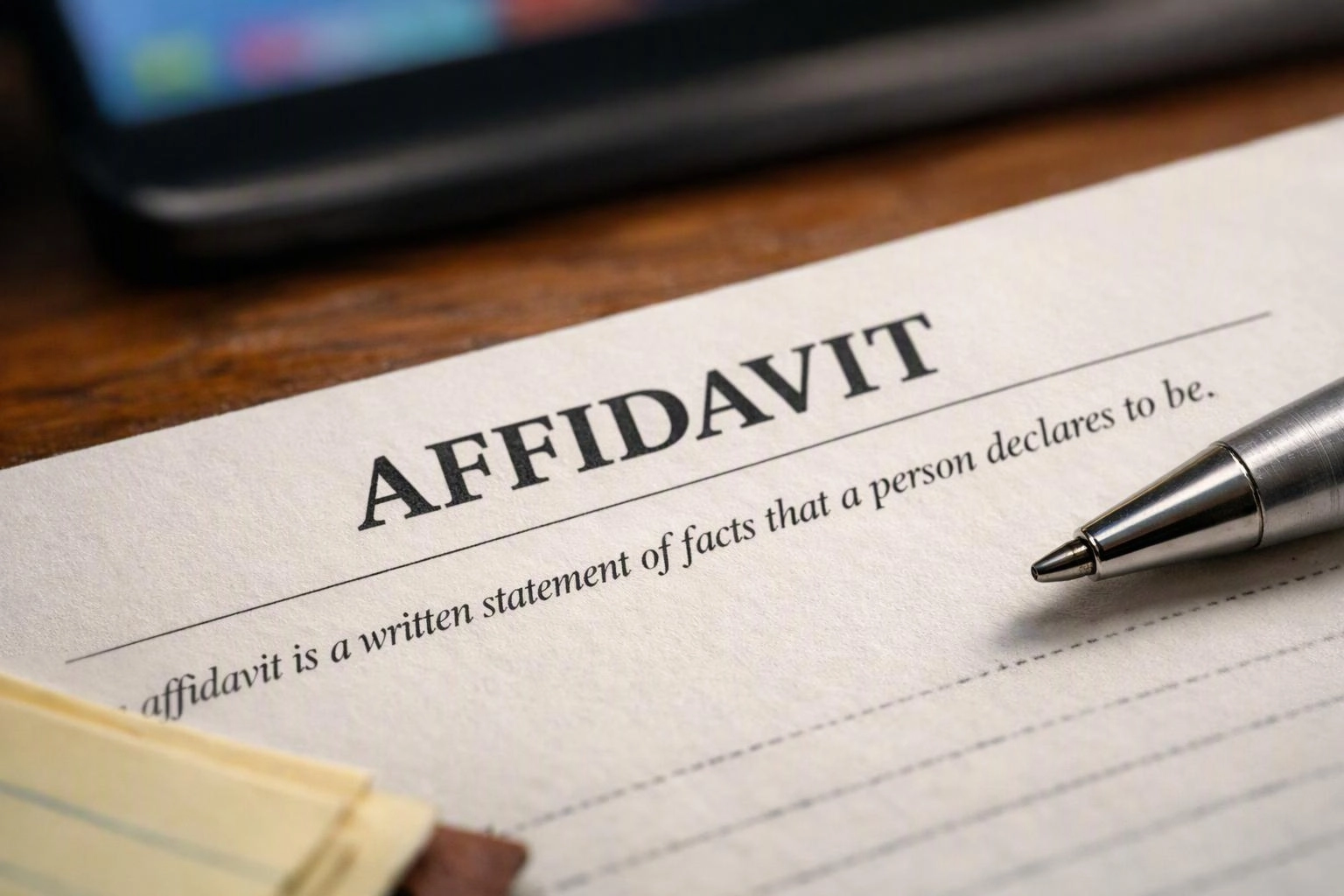 A pen rests on an affidavit form on a wooden desk with a blurred screen in the background