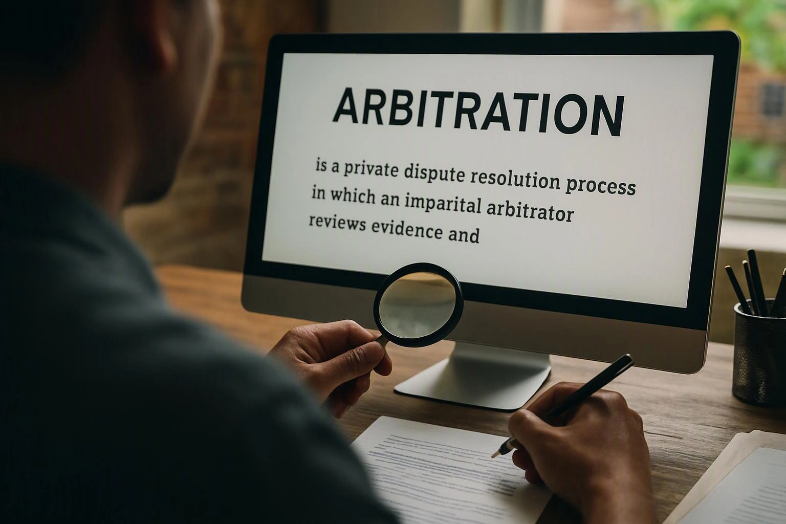 A person studies an arbitration definition on a computer while holding a magnifying glass and pen at a desk