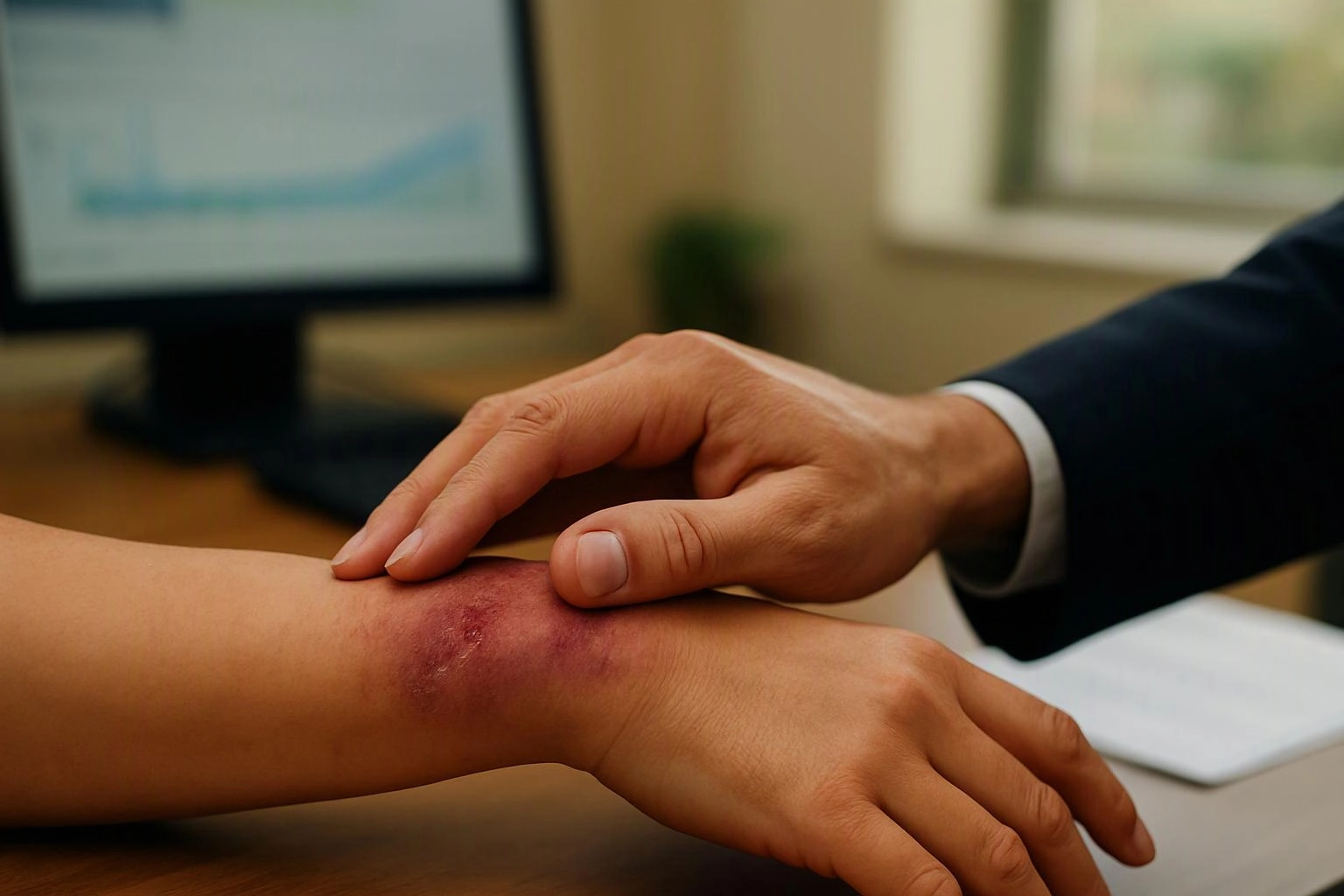 A suited hand gently examines a bruised wrist on a desk in a bright office