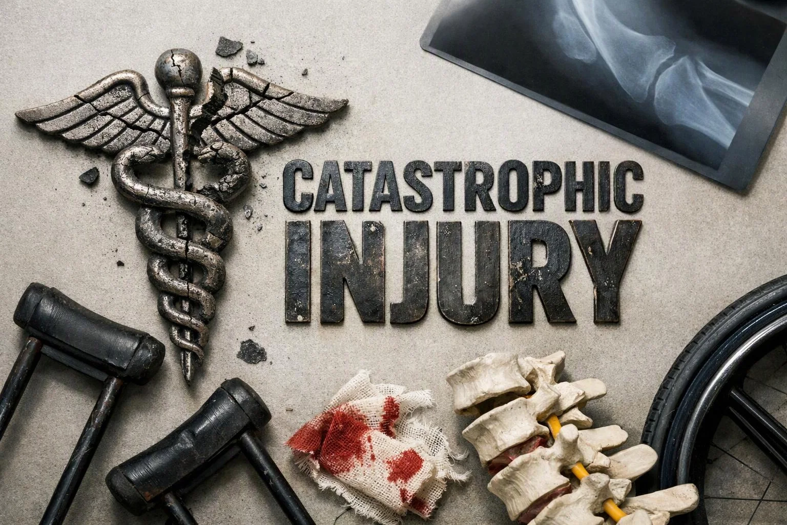 A dramatic medical graphic shows a caduceus, crutches, a bloodied bandage, spine bones, and the words “CATASTROPHIC INJURY”
