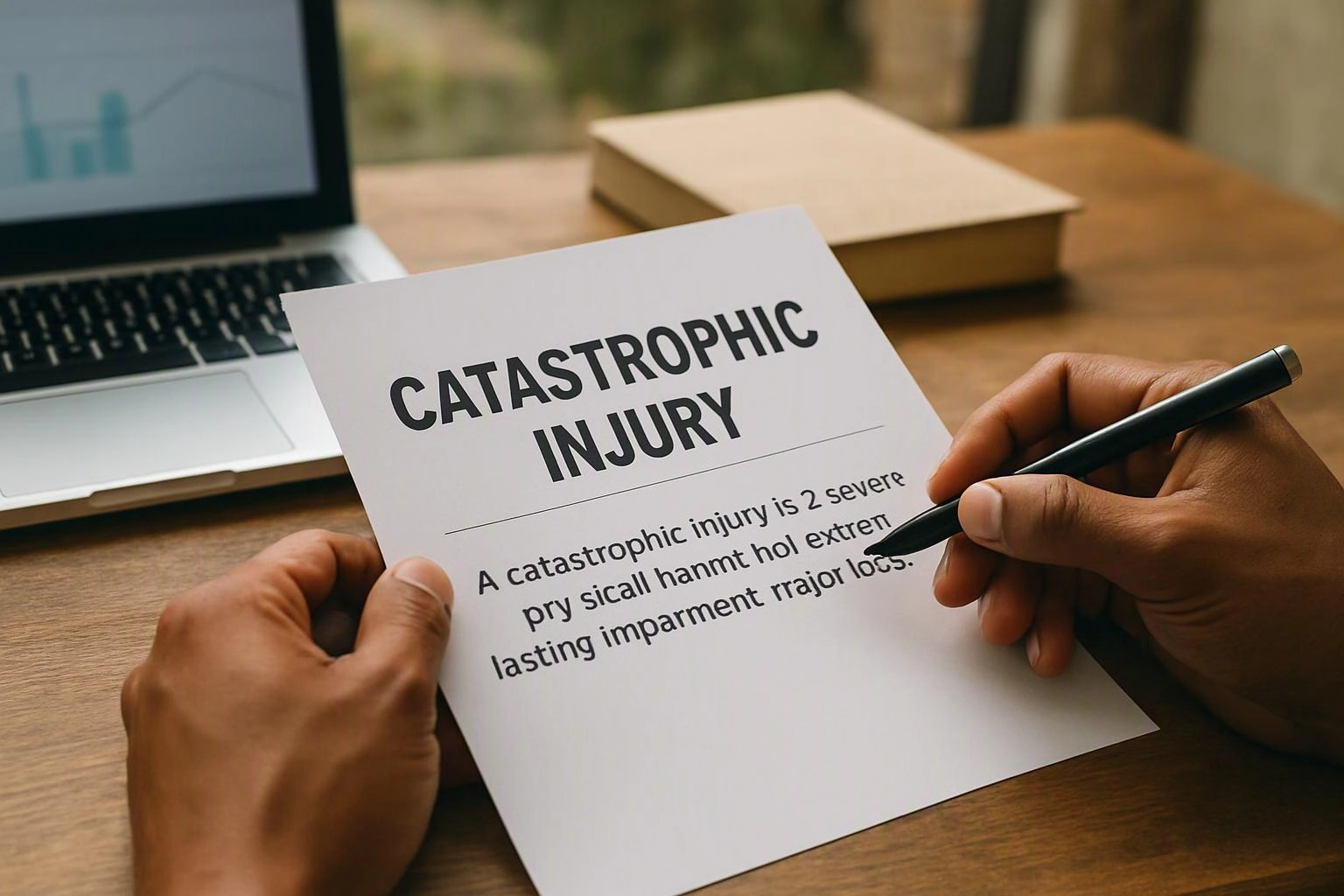 Hands hold a paper labeled “CATASTROPHIC INJURY” while a pen points at text on a desk near a laptop