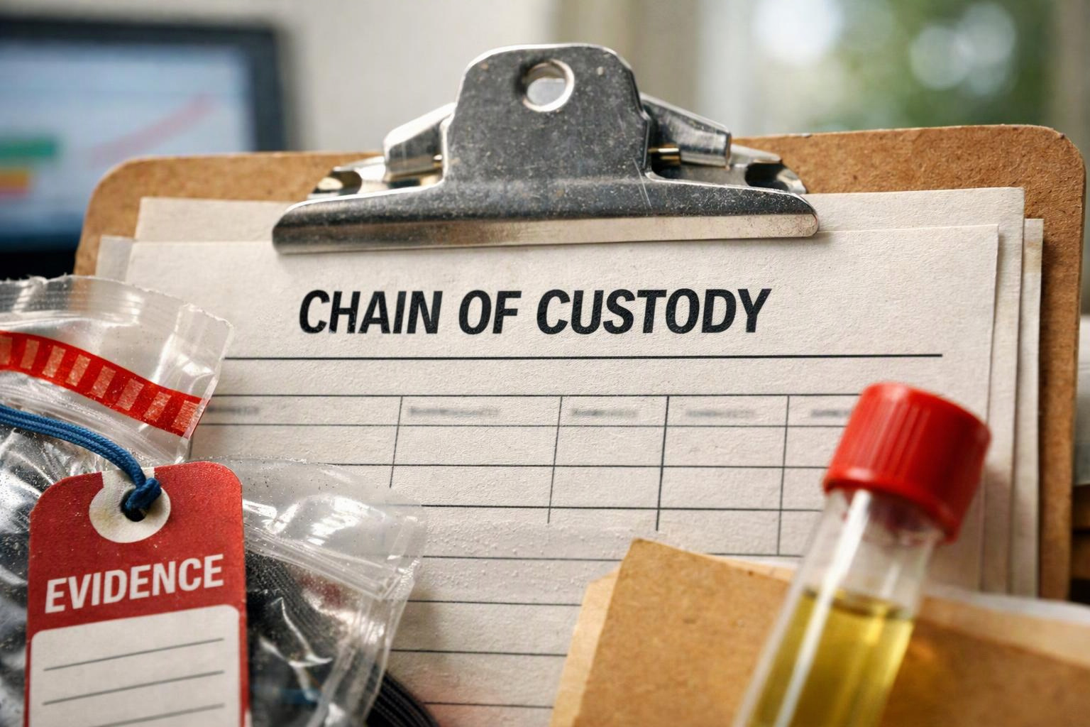 Clipboard with a chain of custody form, evidence bag, and sample vial on a desk