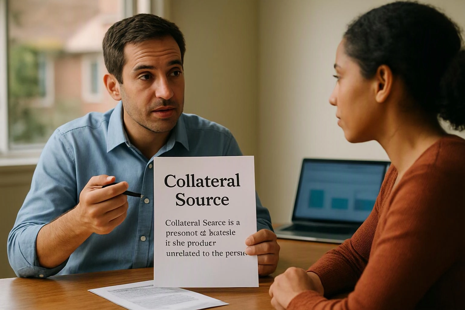 A man holds a paper labeled “Collateral Source” while talking to a woman at a desk with a laptop nearby