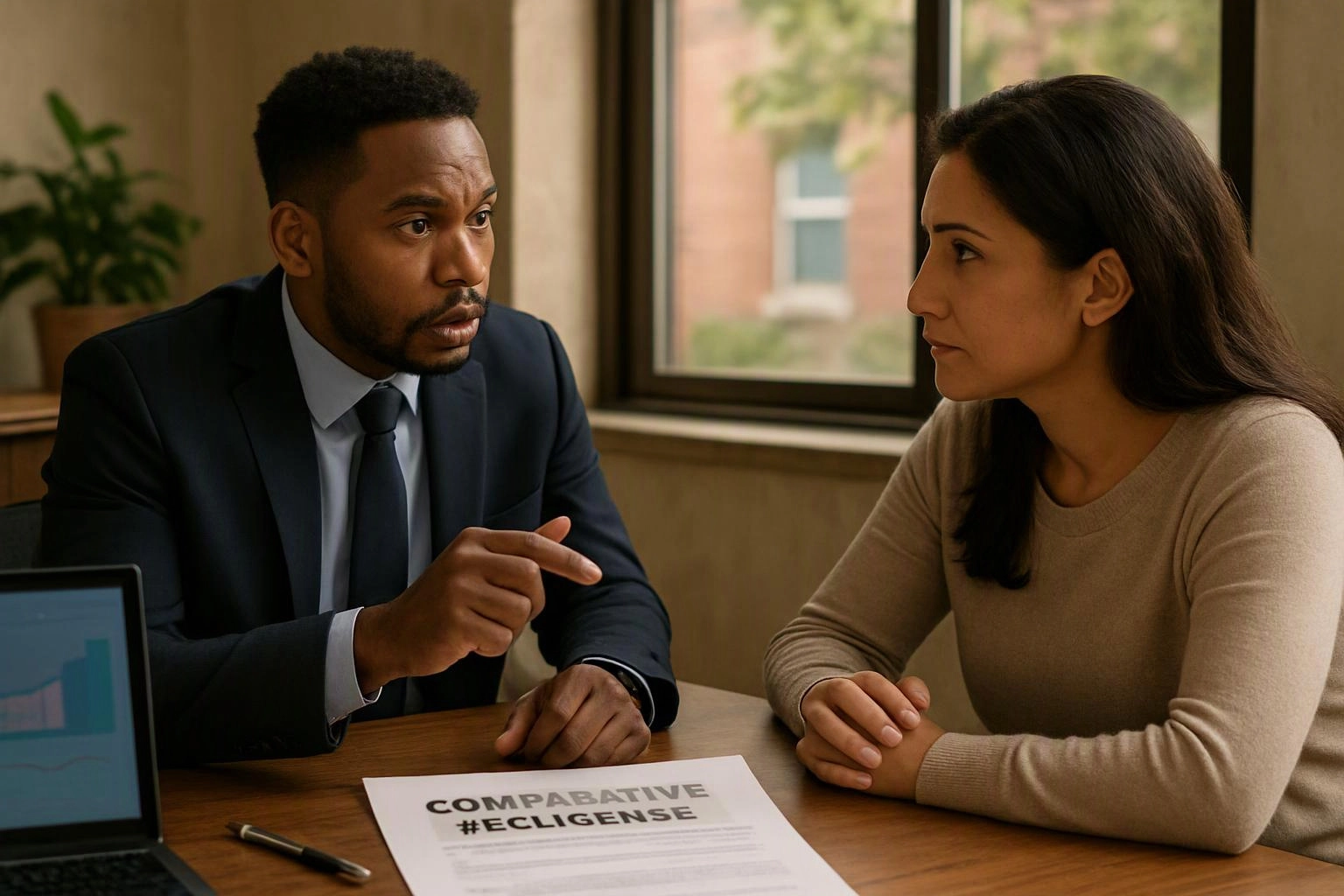A man in a suit points across a desk while a woman listens in a windowed office setting