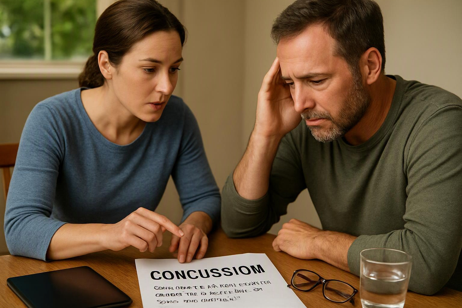 A woman points at a concussion document while a man holds his head at a table with glasses, a tablet, and water