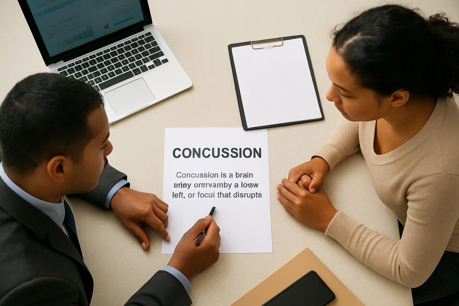 Two people sit at a desk reviewing a paper titled “CONCUSSION” beside a laptop and clipboard