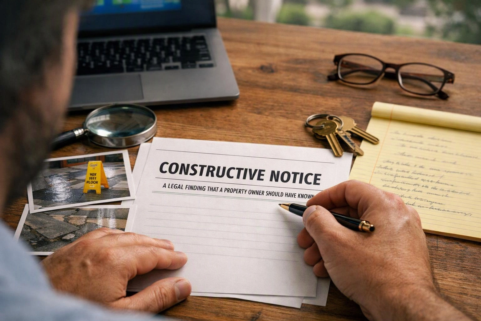 A person writes on a paper labeled “CONSTRUCTIVE NOTICE” beside keys, photos, glasses, and a laptop on a wooden desk