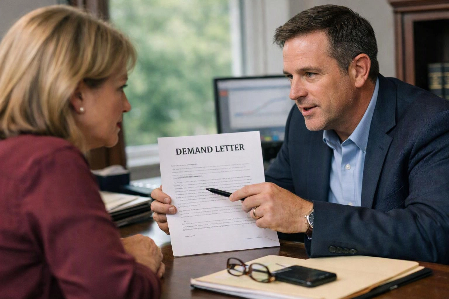 A man in a suit points at a demand letter while talking to a woman across a desk