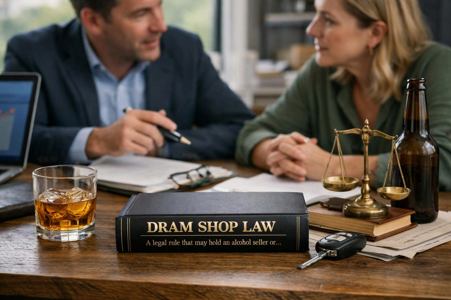 A law book, whiskey glass, scale, and car key sit on a desk while two people talk in the background