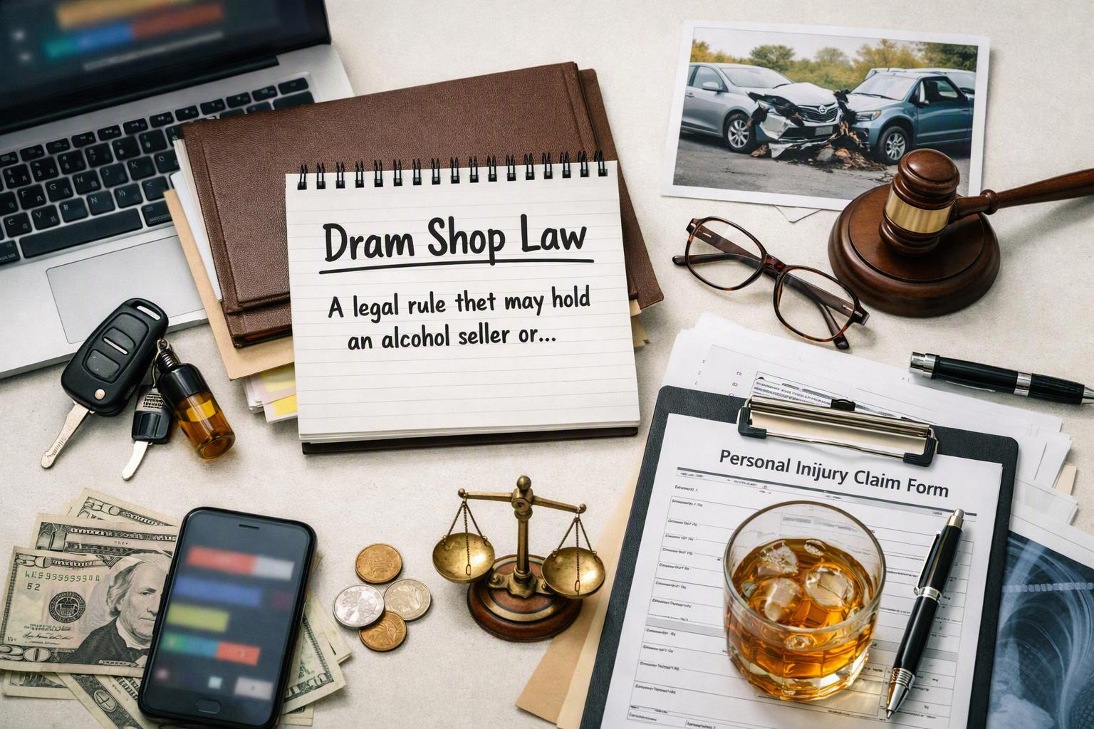 A legal desk setup shows a notebook about dram shop law, crash photo, gavel, claim form, cash, keys, phone, and glasses