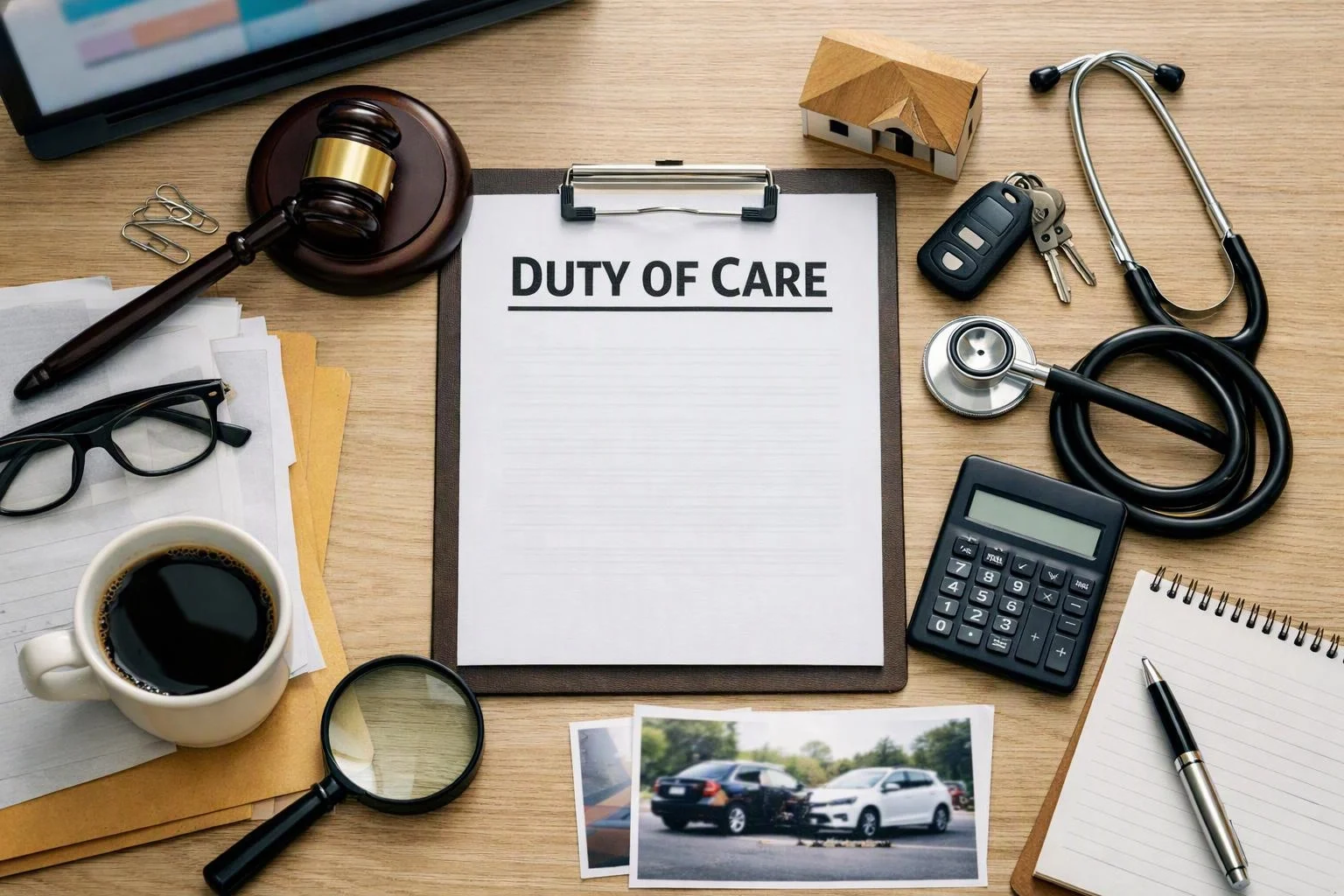 A clipboard with "DUTY OF CARE" sits among a gavel, stethoscope, calculator, house model, keys, papers, and coffee on a desk