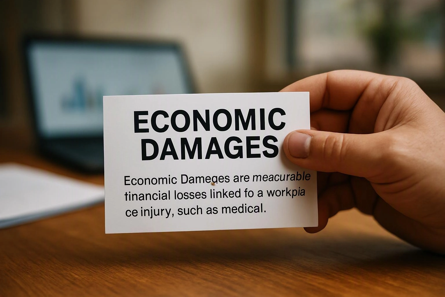 A hand holds a card reading “ECONOMIC DAMAGES” in front of a blurred laptop on a wooden desk
