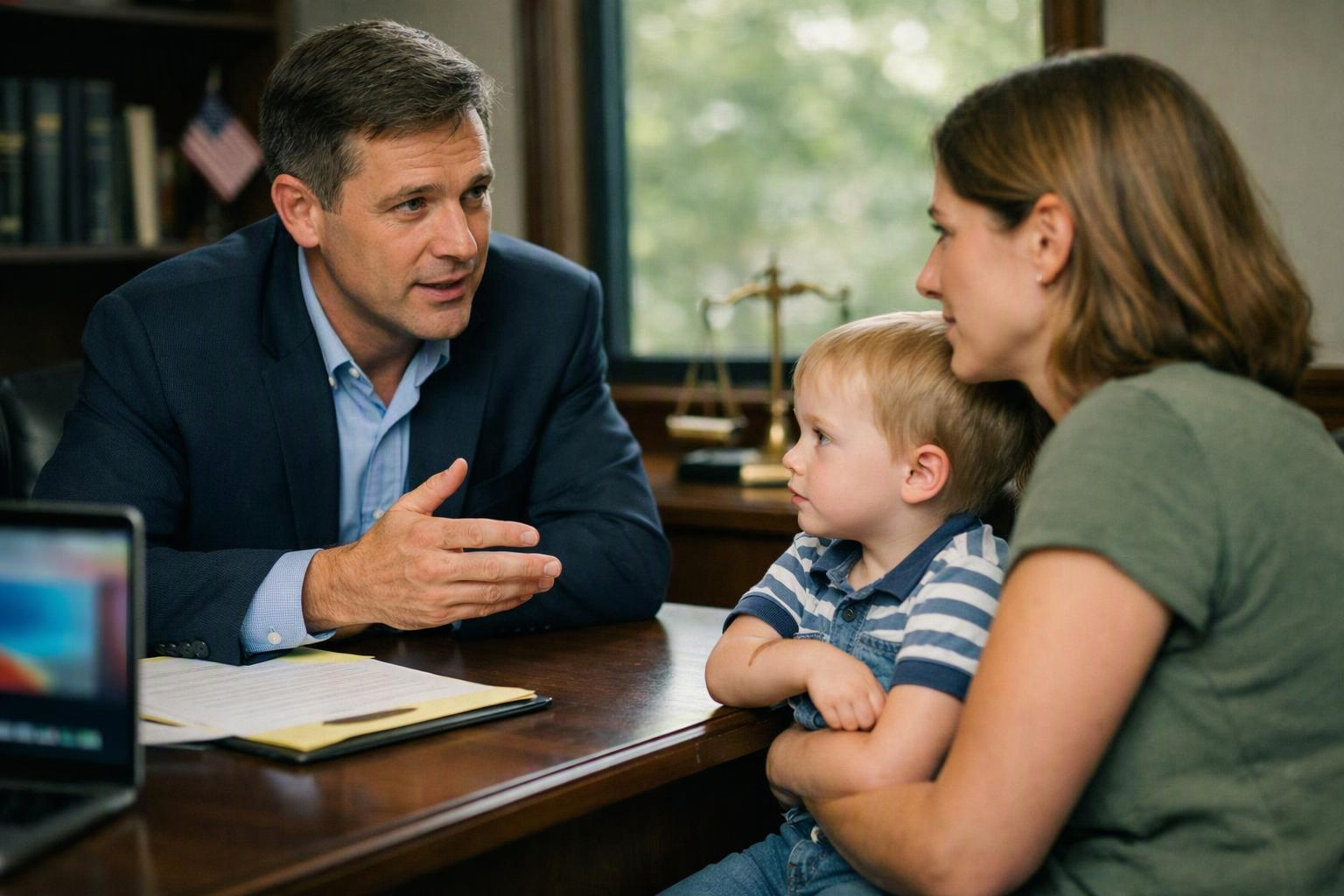A man in a suit talks across a desk with a woman holding a toddler in a bright office
