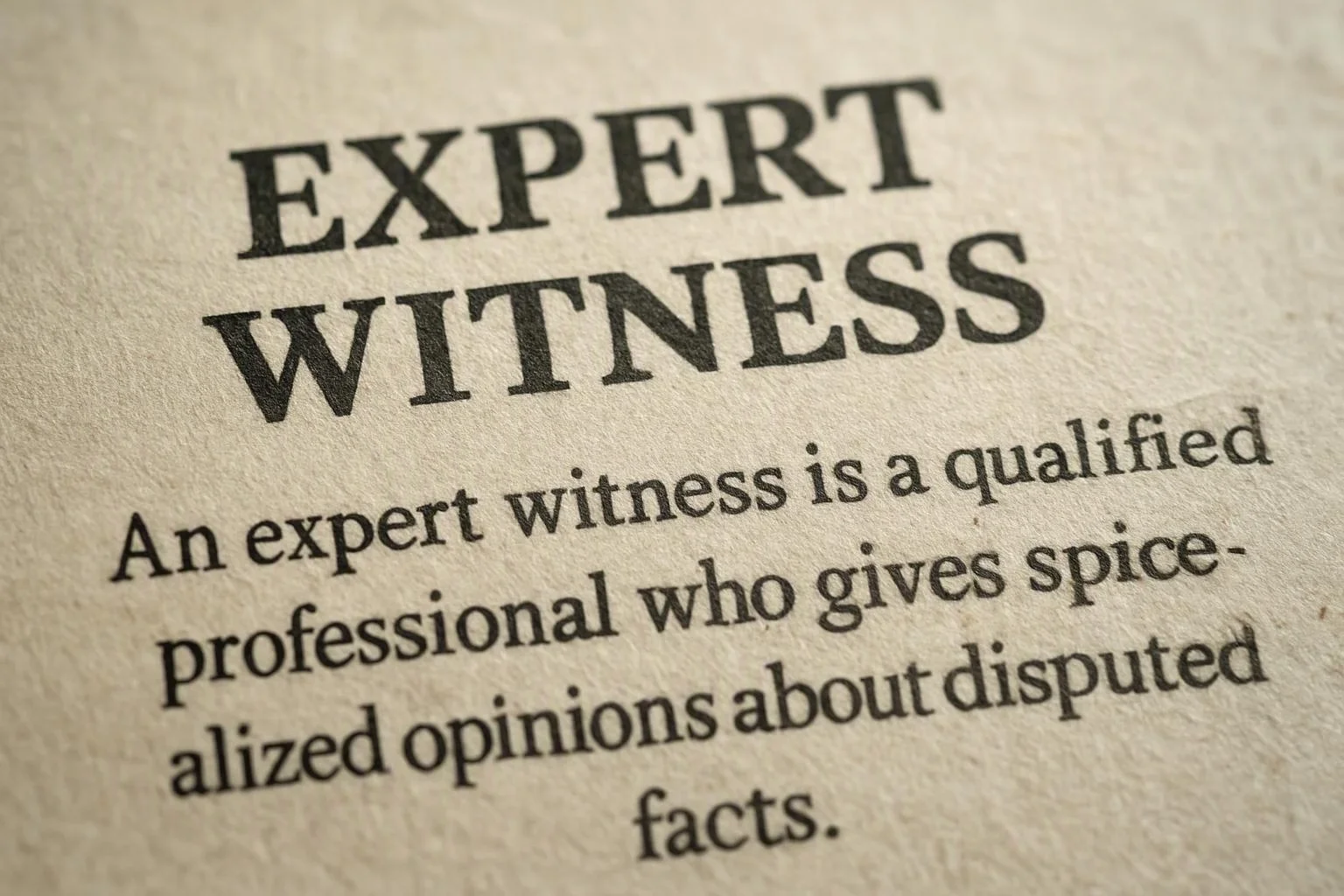 A close-up of a printed page shows the heading “EXPERT WITNESS” and a definition below it
