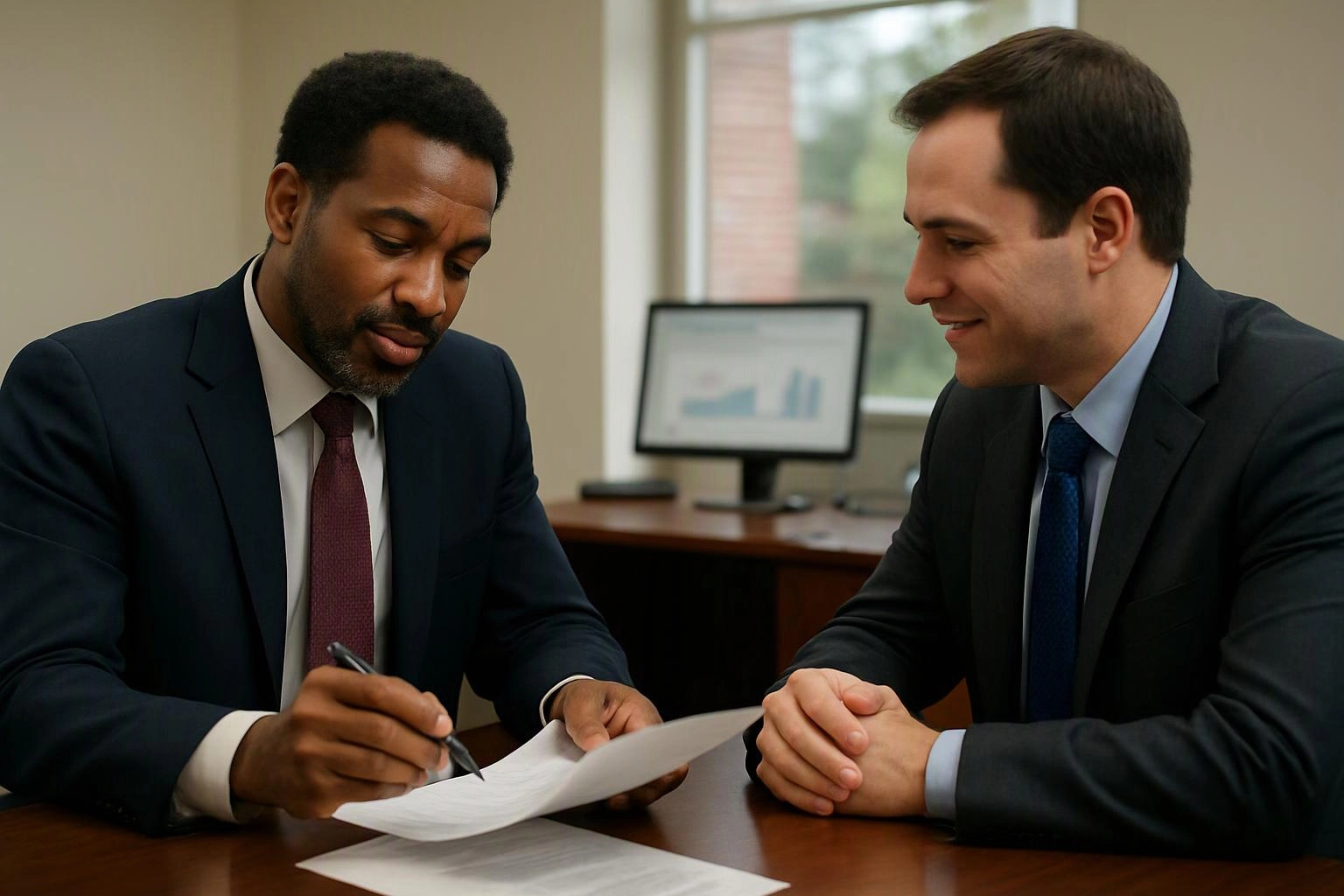 Two suited men review papers at a desk in a bright office, with a computer and window behind them