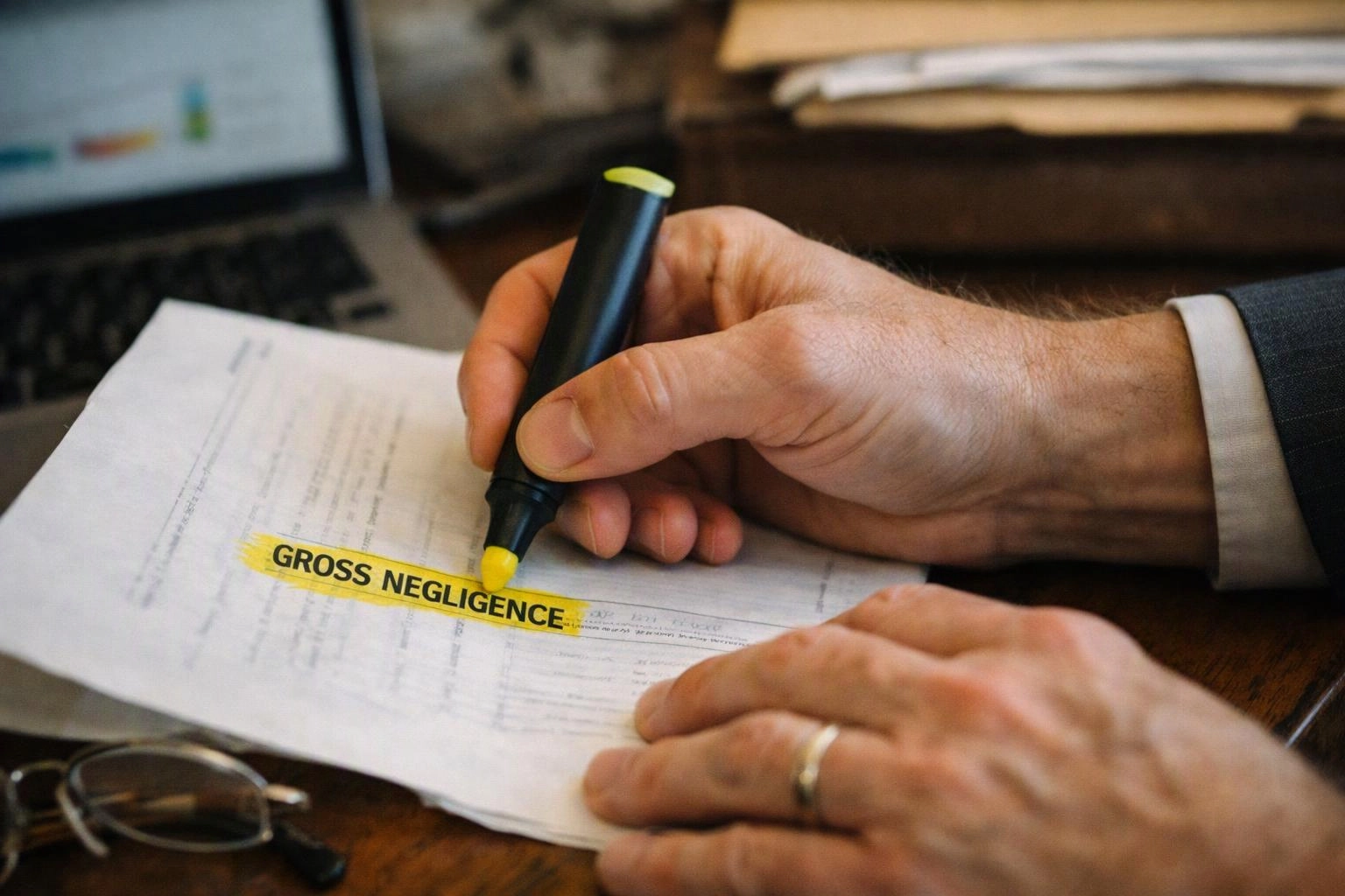 Hands highlight a document with a yellow marker beside the words “GROSS NEGLIGENCE” on a desk