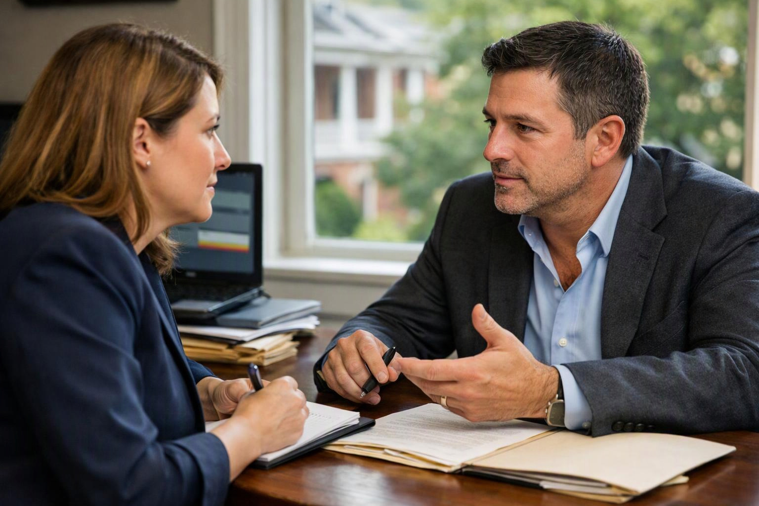 Two business people sit across a desk, talking and taking notes beside an open laptop and papers