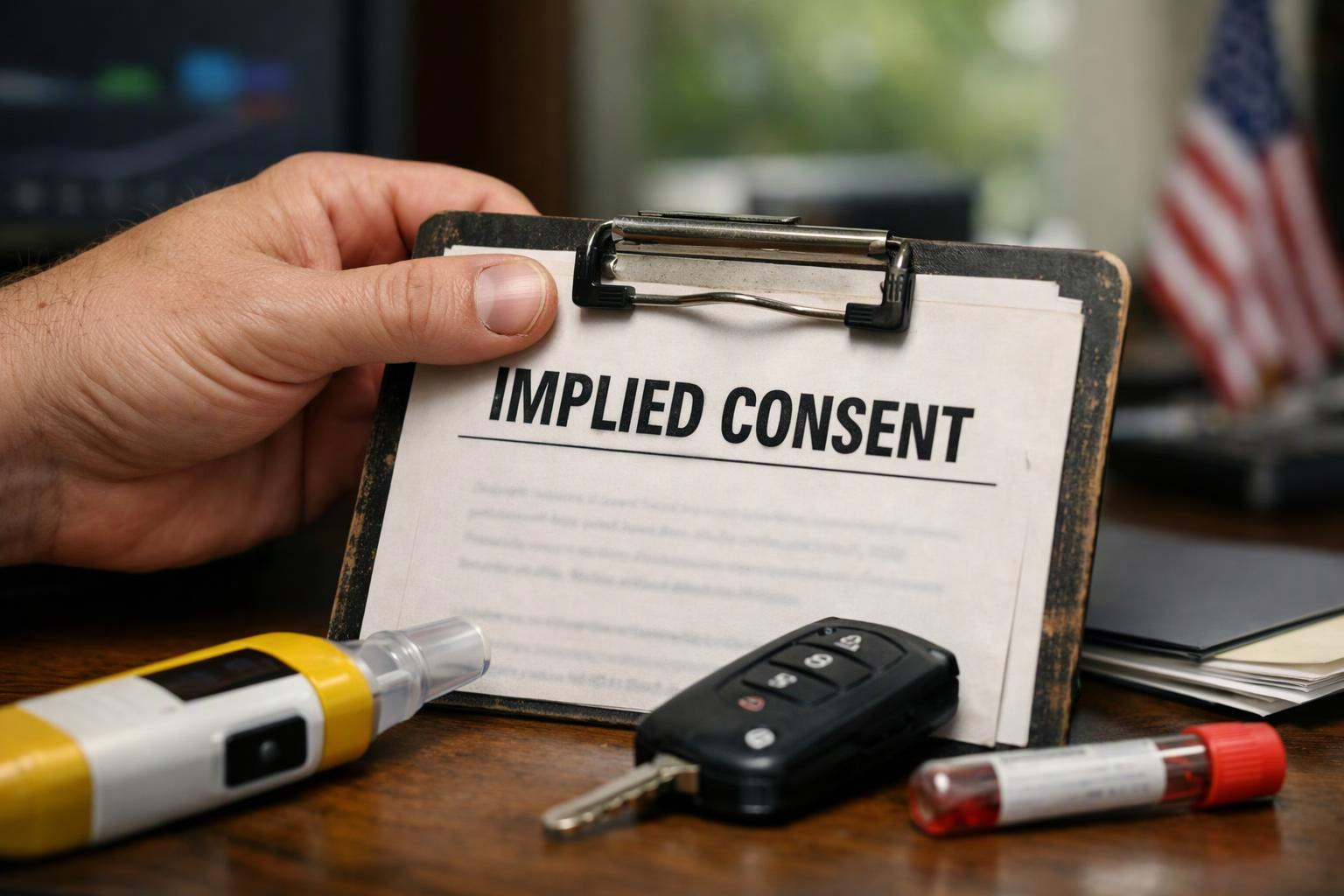 A hand holds a clipboard labeled “IMPLIED CONSENT” beside a car key fob, breathalyzer, and vial on a desk