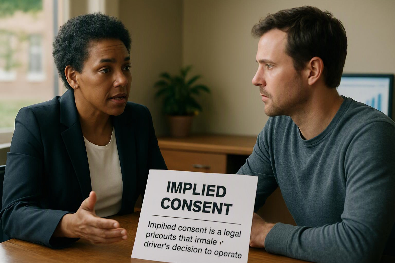 Two people sit at a table, talking over a sign that reads “IMPLIED CONSENT”