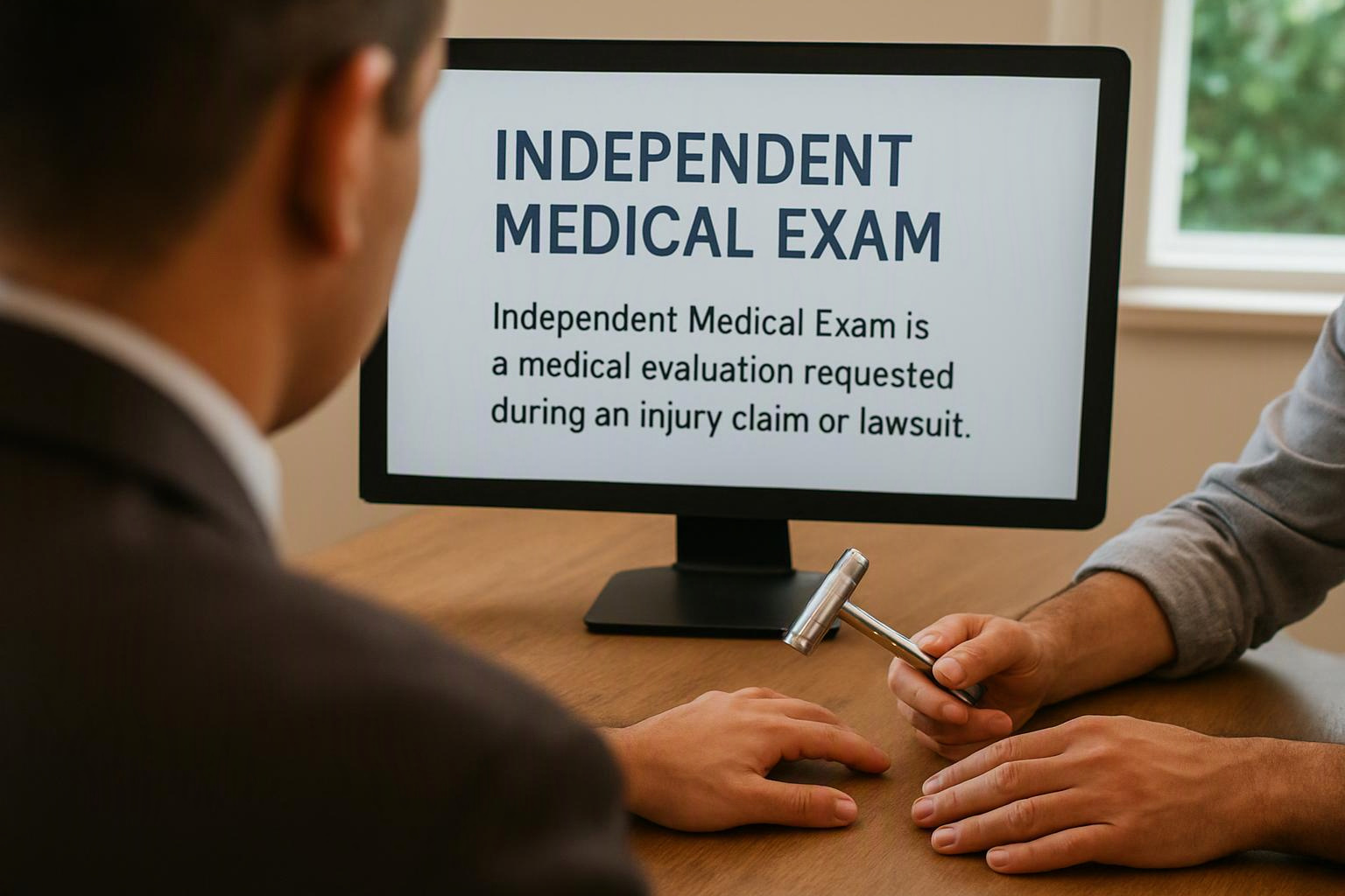 A doctor points a reflex hammer at a patient’s hand while a monitor shows “INDEPENDENT MEDICAL EXAM”