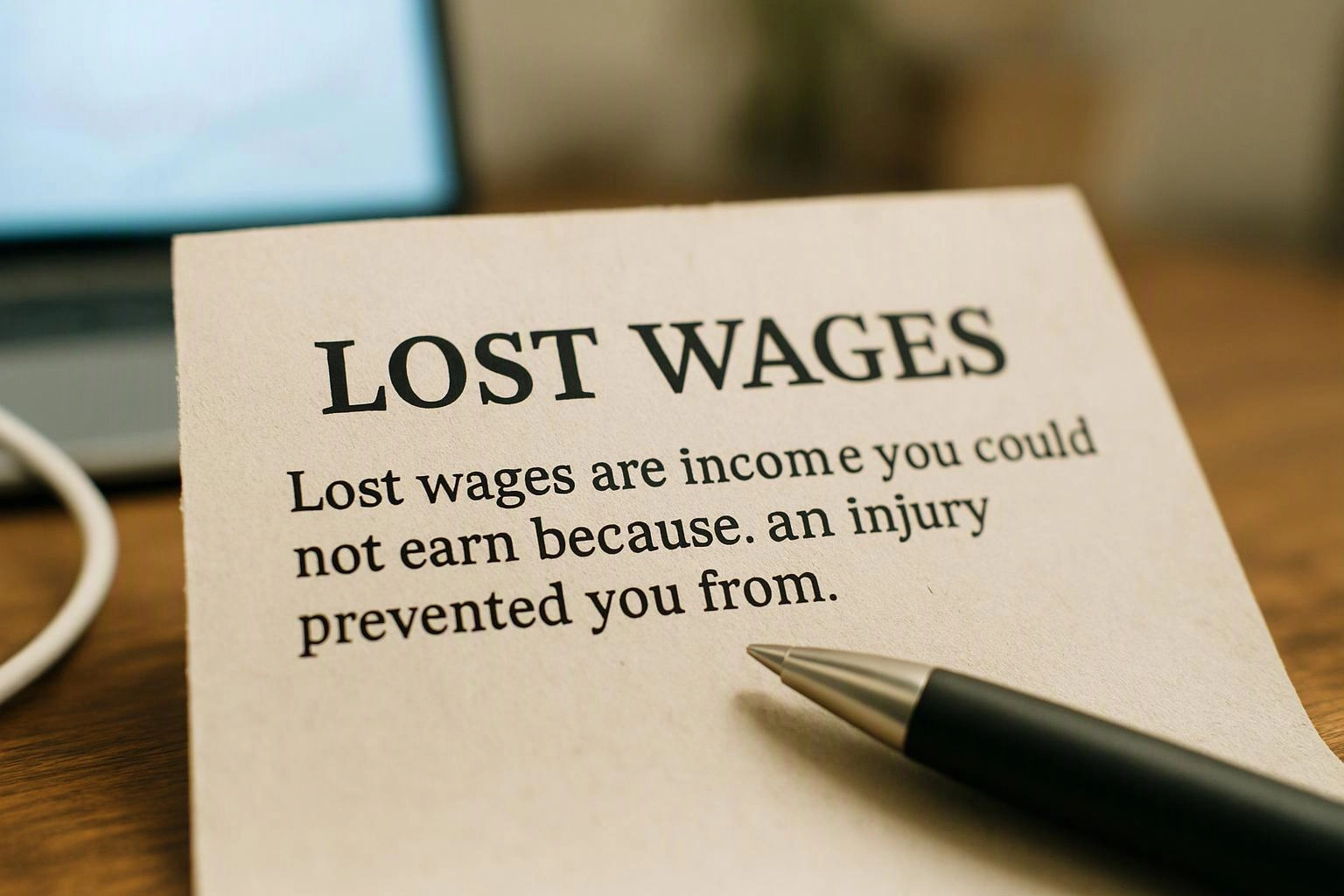 A paper note on a desk reads “LOST WAGES” beside a pen and blurred laptop screen