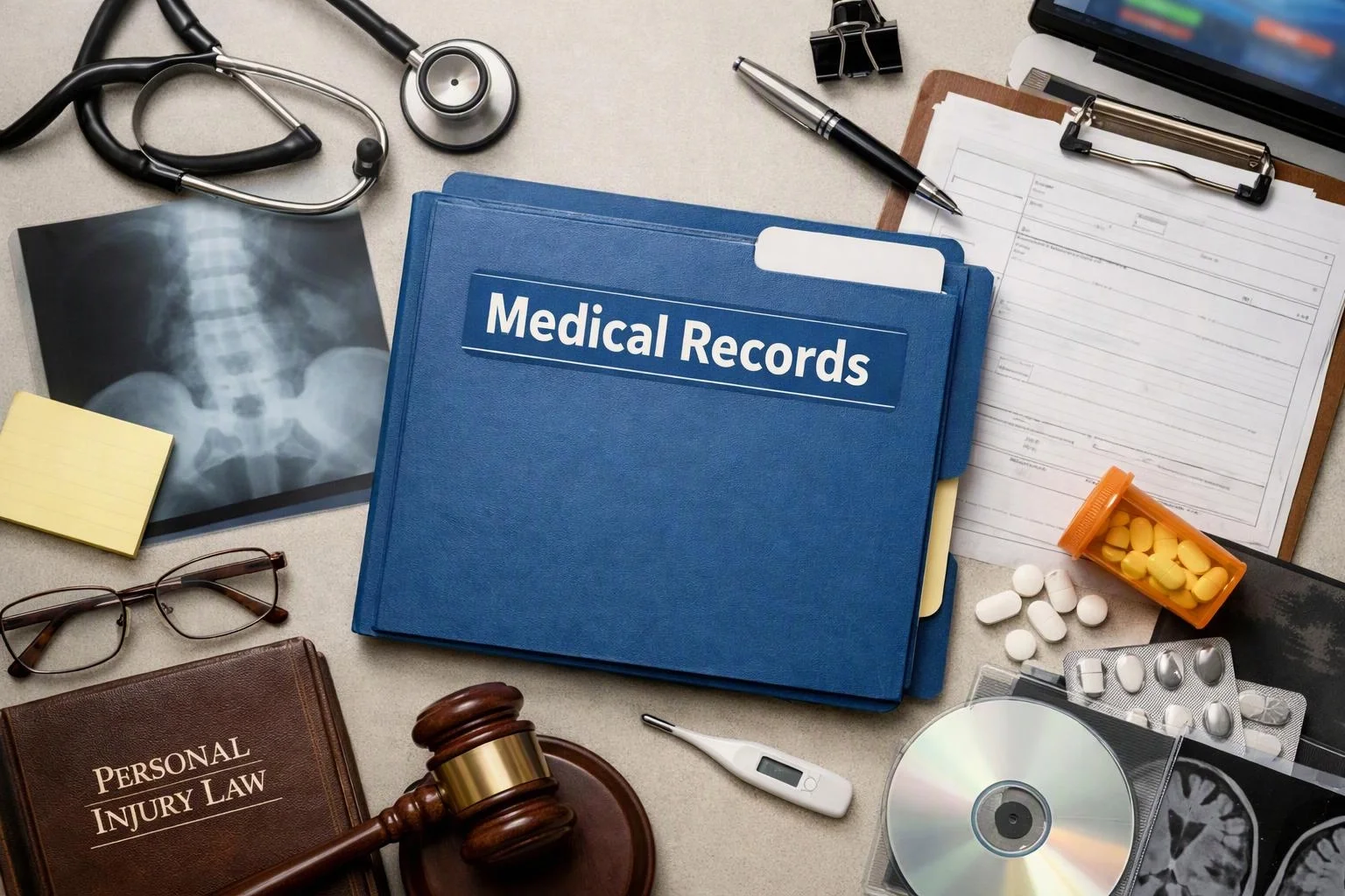 A blue medical records folder sits among X-rays, pills, a stethoscope, a gavel, and legal paperwork on a desk