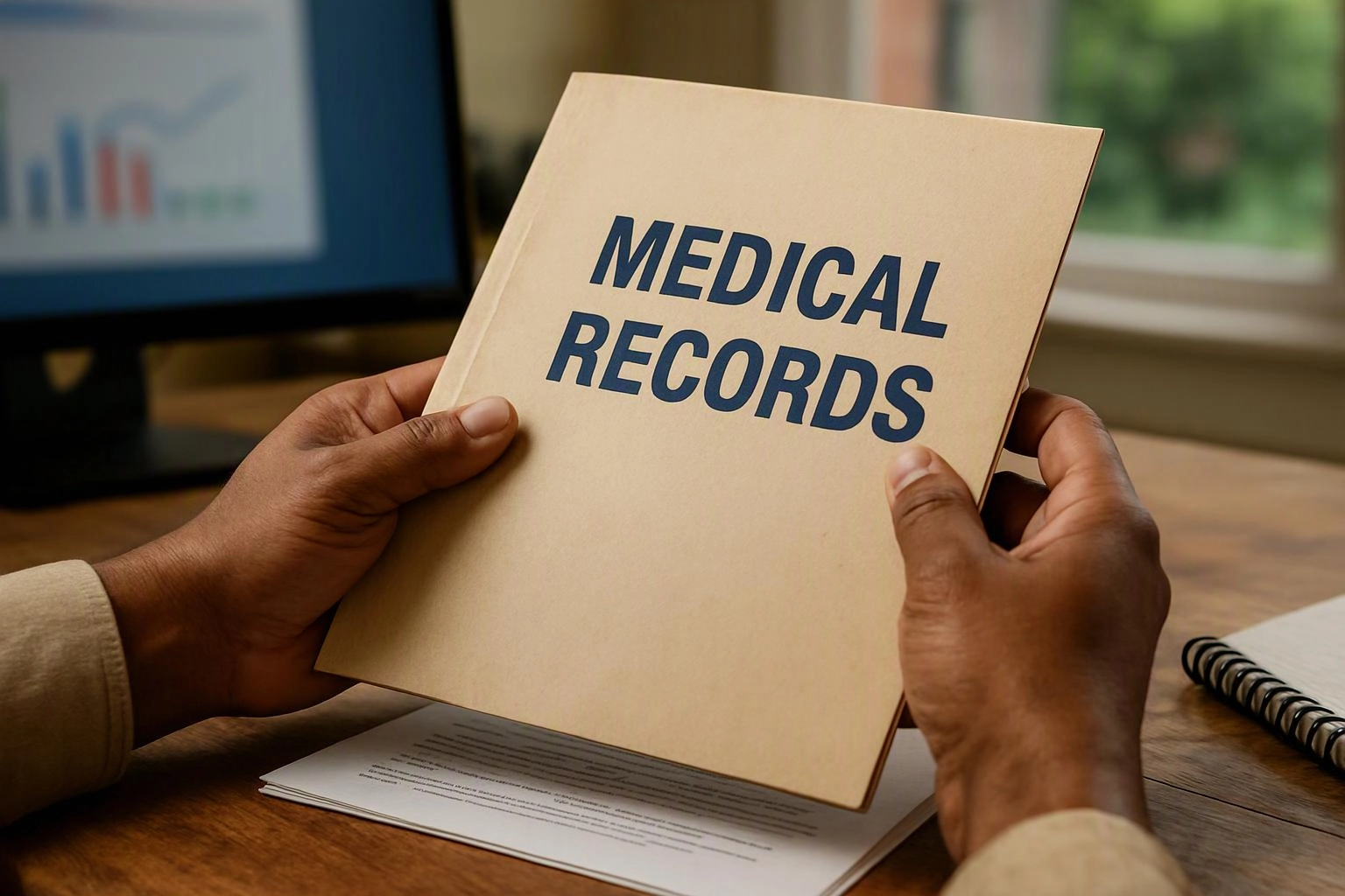 Hands hold a beige folder labeled MEDICAL RECORDS over papers on a desk