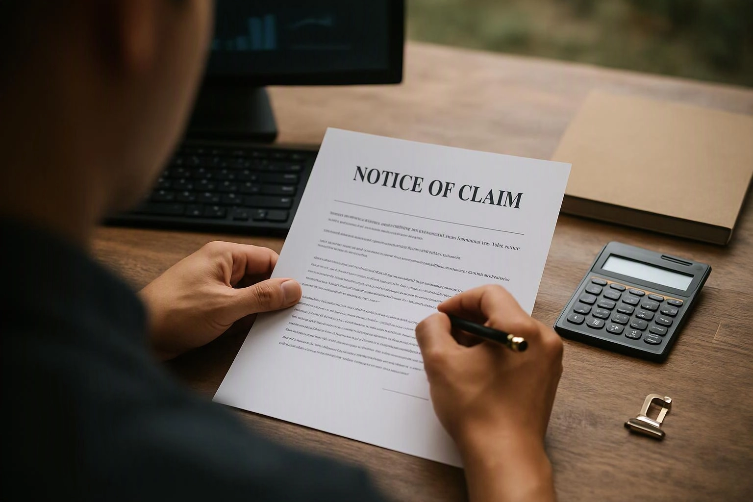 A person writes on a paper titled "NOTICE OF CLAIM" at a desk with a calculator and laptop