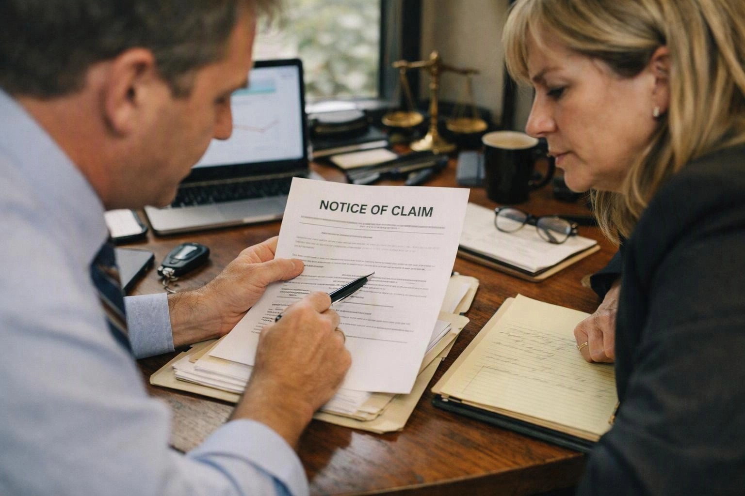 Two people review a “NOTICE OF CLAIM” form at a desk with a laptop, papers, and a notebook