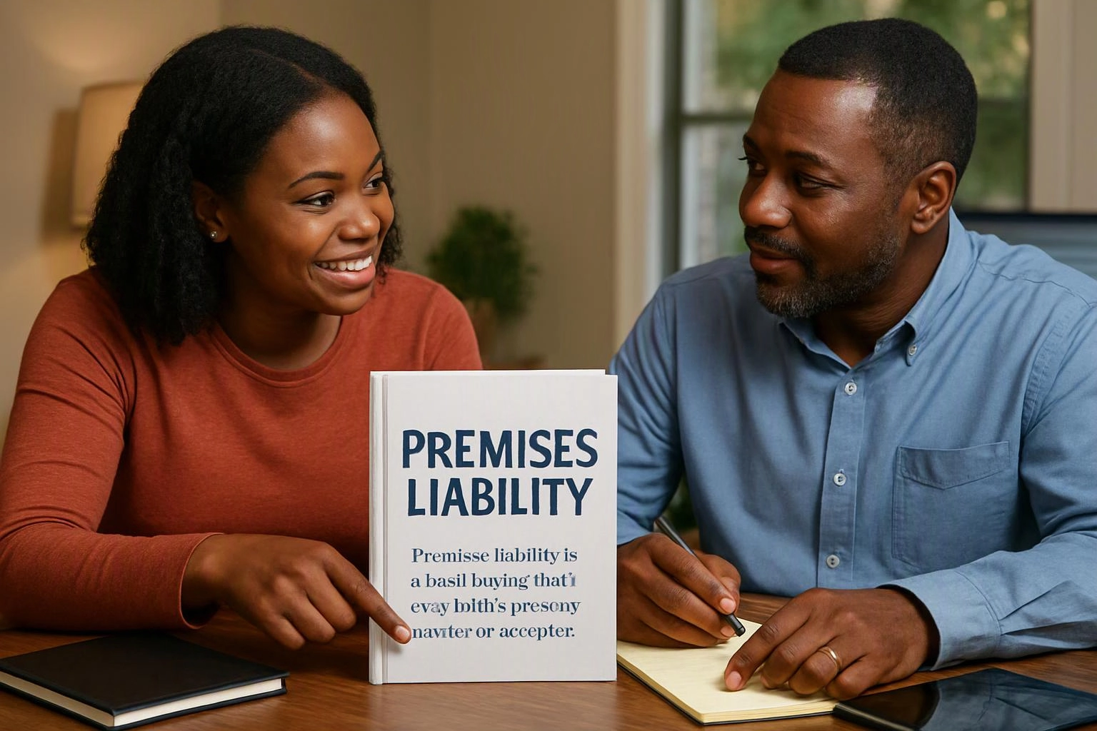 Two people sit at a table, smiling and discussing a book titled “PREMISES LIABILITY”