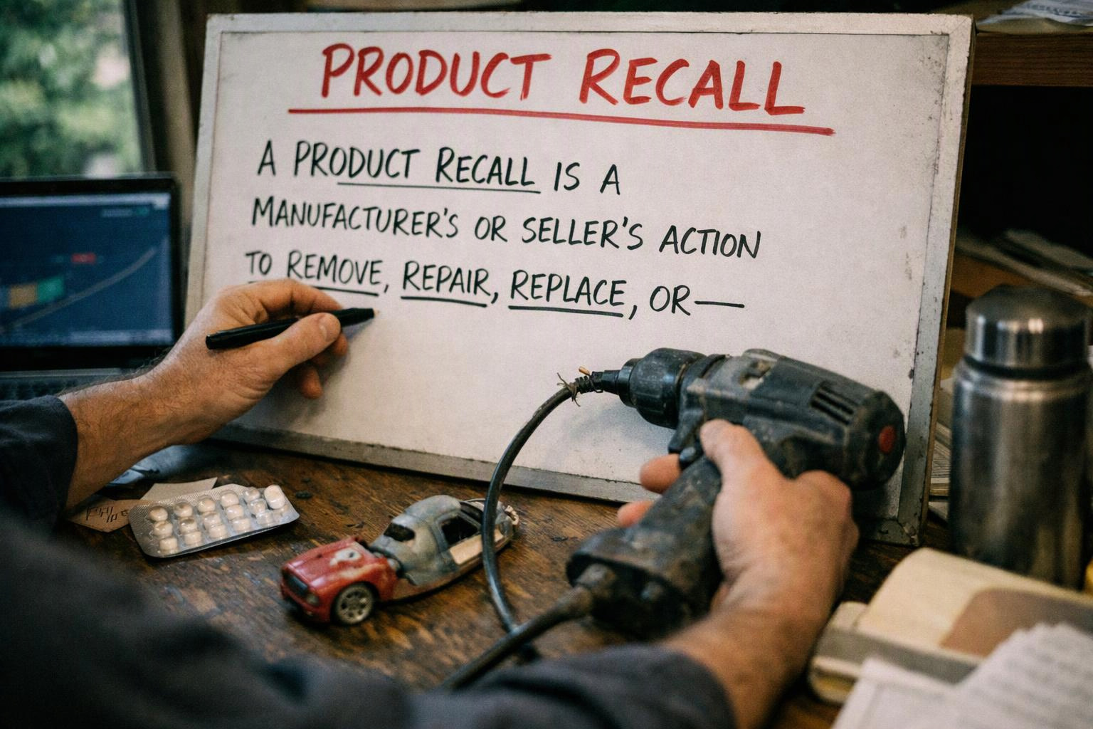 A person writes on a whiteboard about a product recall while holding a drill at a cluttered workbench