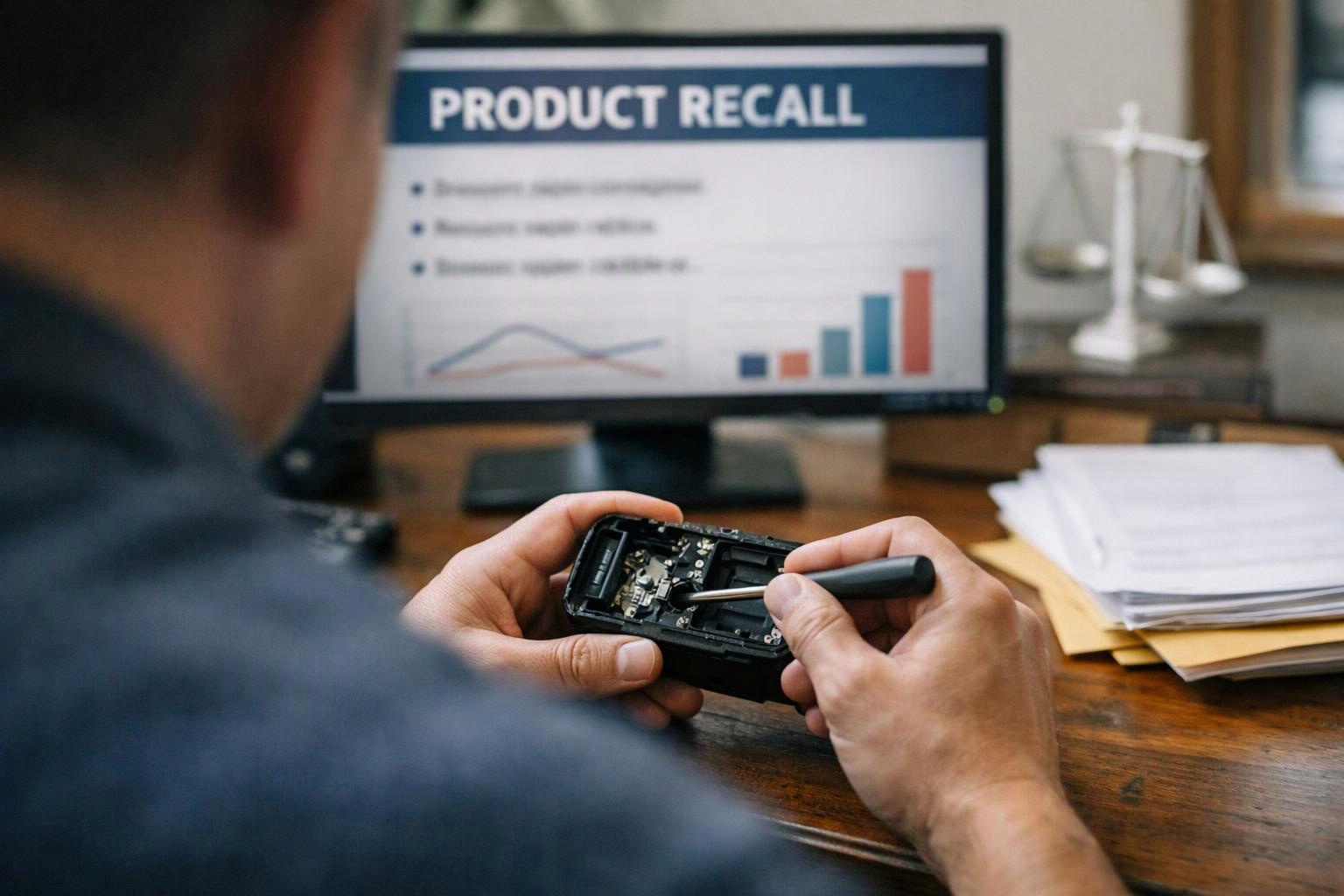 A person repairs a small device at a desk while a monitor displays a “PRODUCT RECALL” slide with charts