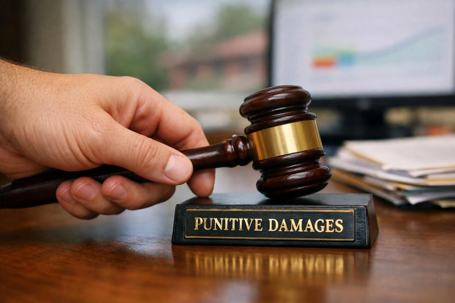 A hand holds a gavel over a desk plaque reading “PUNITIVE DAMAGES” in a blurred office setting