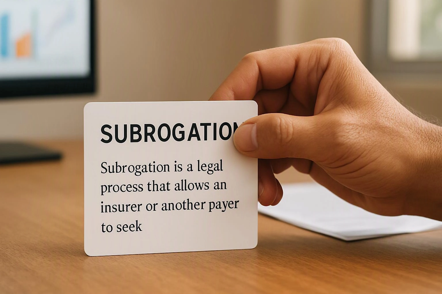 A hand holds a card reading “SUBROGATION” with a brief legal definition on a wooden desk