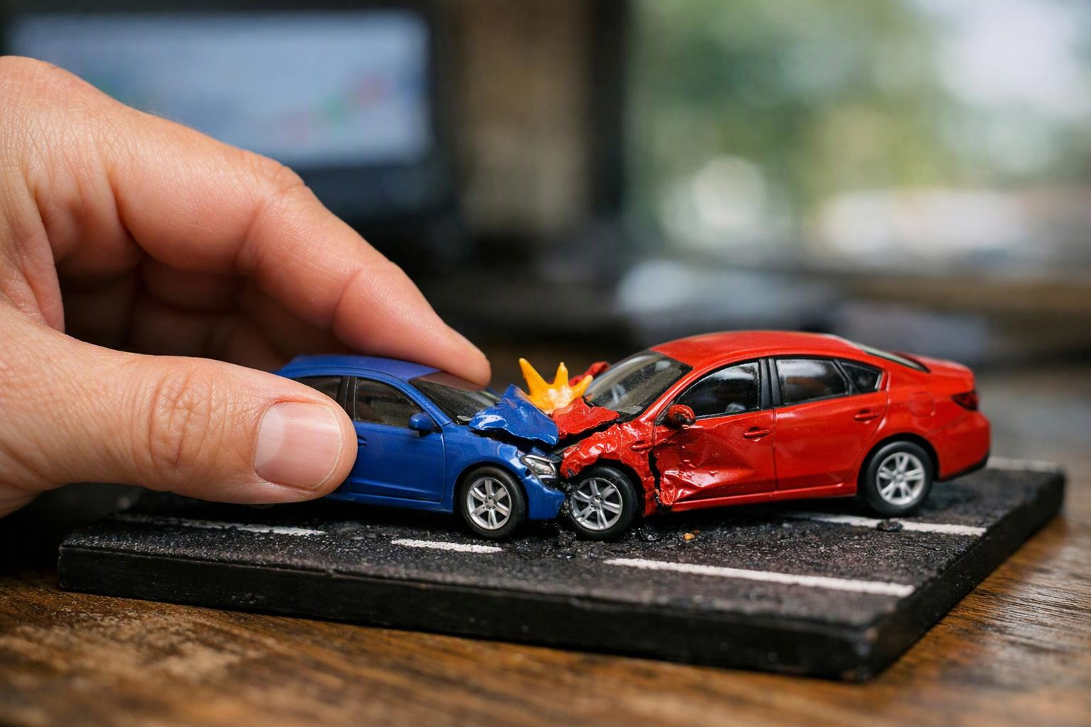 A hand pushes a blue toy car into a crushed red toy car on a display base