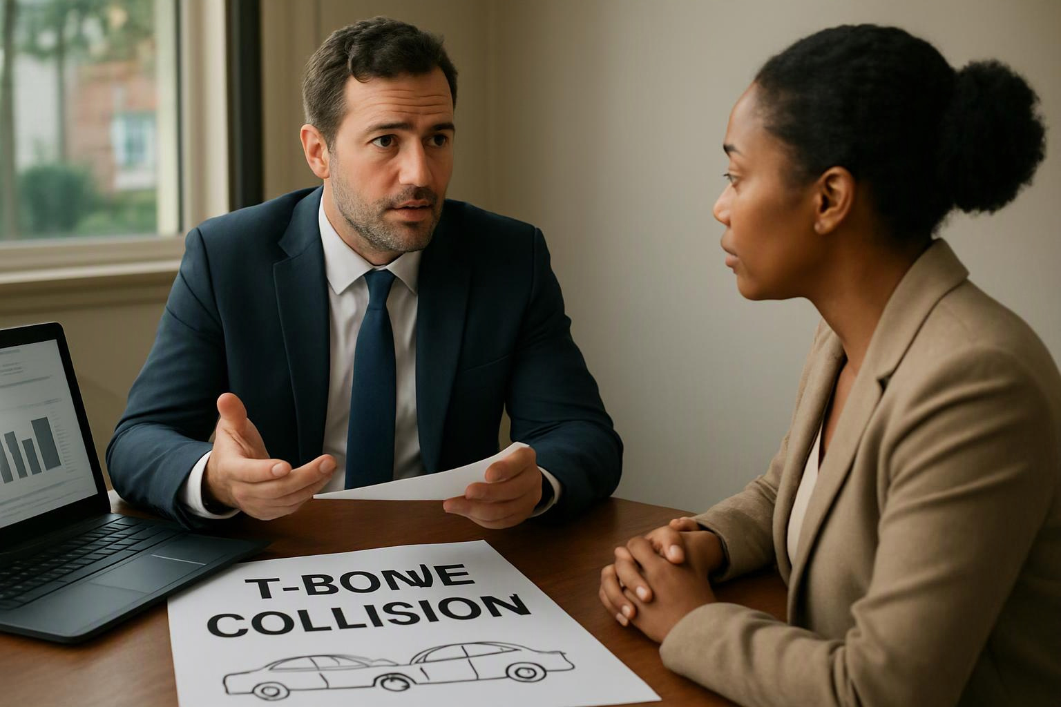 Two people sit at a table, discussing a car crash document beside a laptop and chart screen
