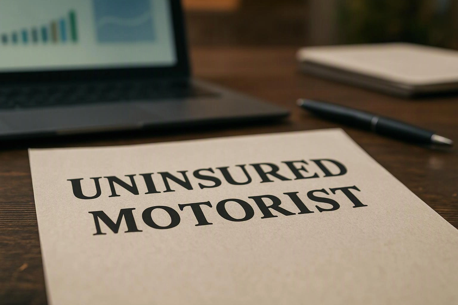 A paper labeled "UNINSURED MOTORIST" lies on a desk beside a laptop, pen, and notebook