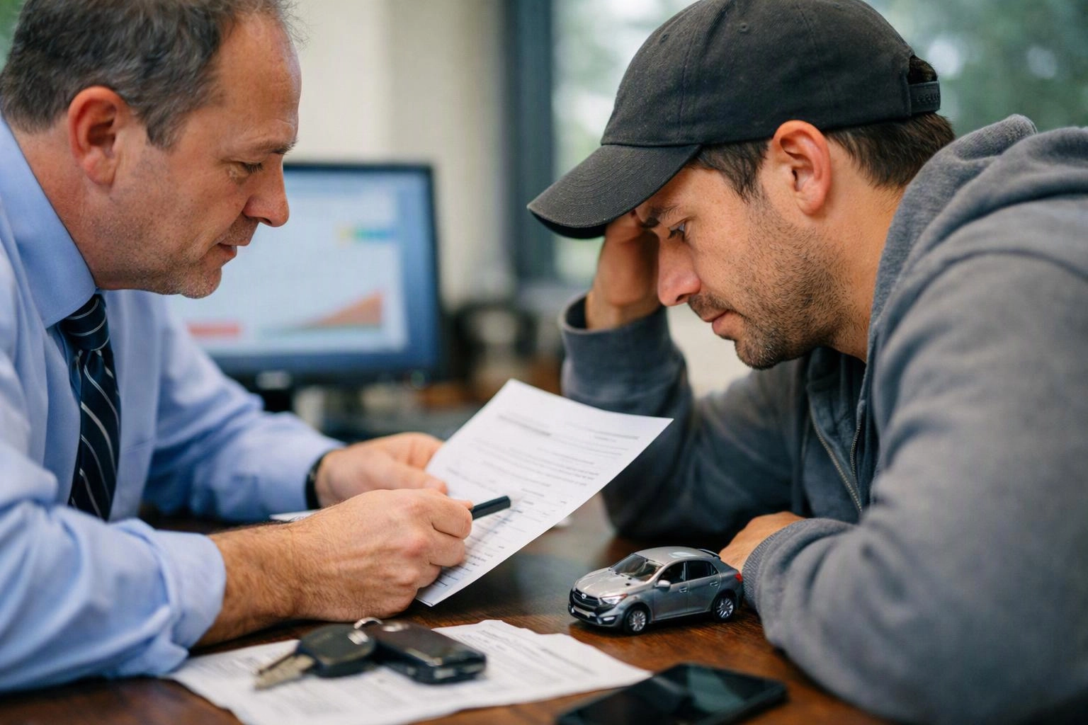 Two men lean over paperwork at a desk, with car keys and a toy car beside them in an office