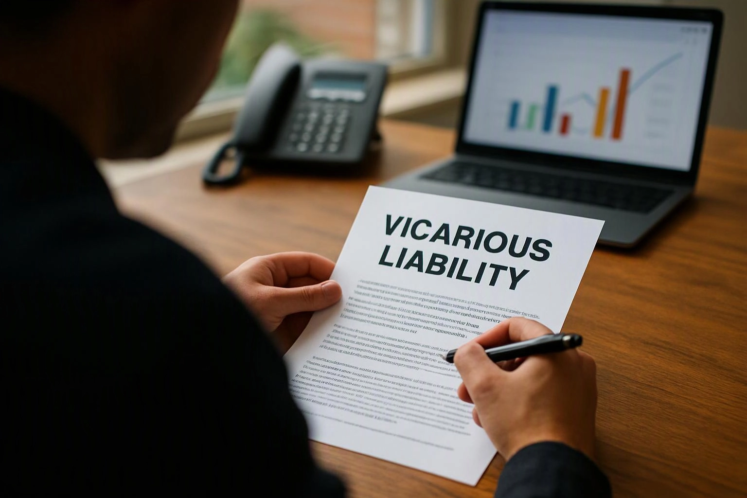A person reviews a paper titled “VICARIOUS LIABILITY” while holding a pen at a desk with a laptop and phone nearby