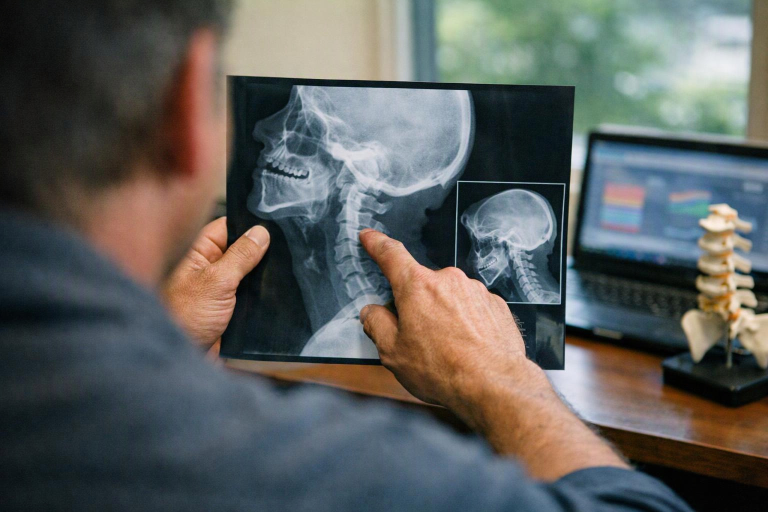 A man studies a neck and skull X-ray, pointing at the spine in a bright office