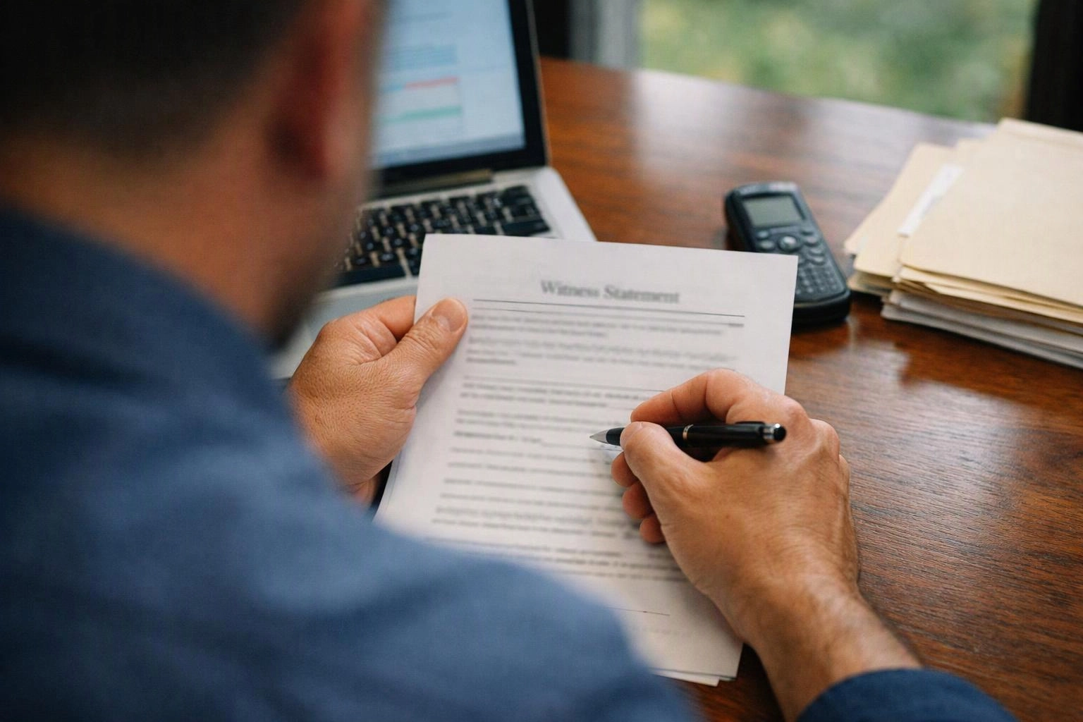 A person writes on a document labeled "Witness Statement" at a wooden desk with a laptop, phone, and folders