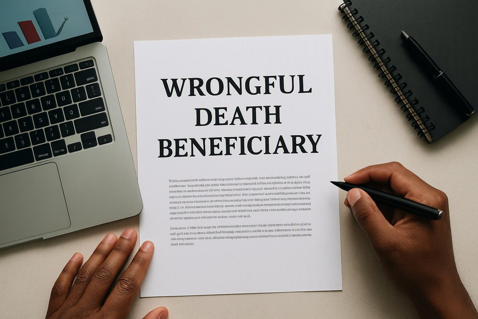 A person holds a pen over a paper titled "WRONGFUL DEATH BENEFICIARY" beside a laptop and notebook on a desk