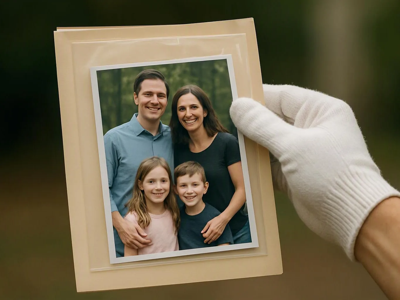 A gloved hand holds a framed family portrait of two adults and two children outdoors