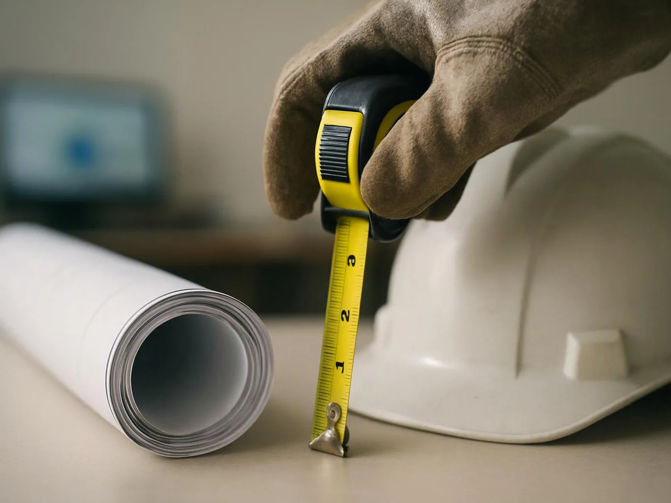 A gloved hand holds a tape measure beside a rolled blueprint and a white hard hat on a table