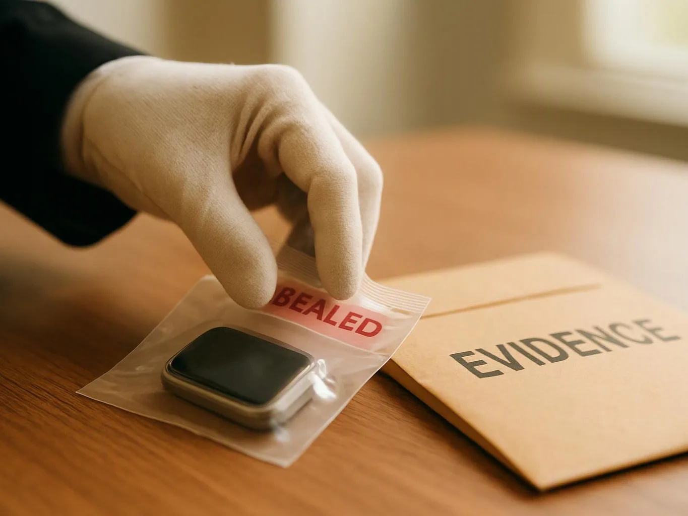 A gloved hand places a sealed evidence bag beside a folder labeled “EVIDENCE” on a wooden table