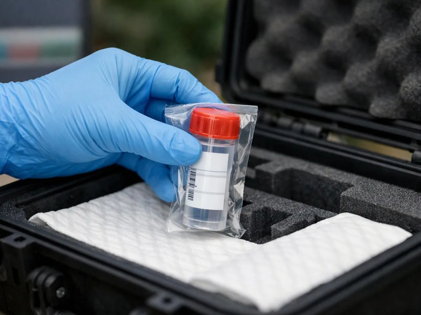 A gloved hand places a sealed sample vial in a foam-lined case