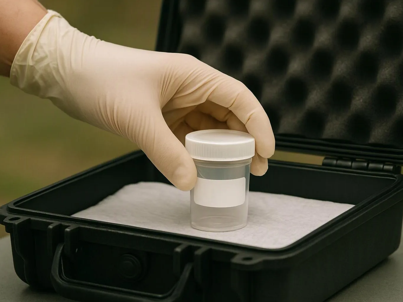 A gloved hand places a small sample jar inside a foam-lined black case